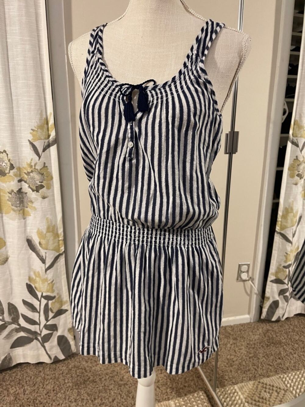 Hollister Navy White Striped Smocked Tie Front Mini Dress Coastal Beachy